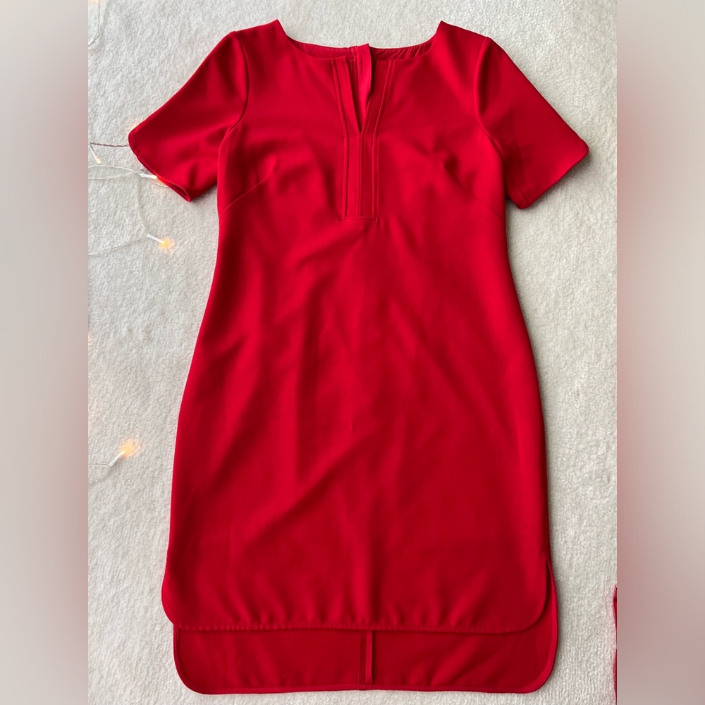 Adrianna Papell Red Dress Asymmetric Longer back Cut Front and Sleeves